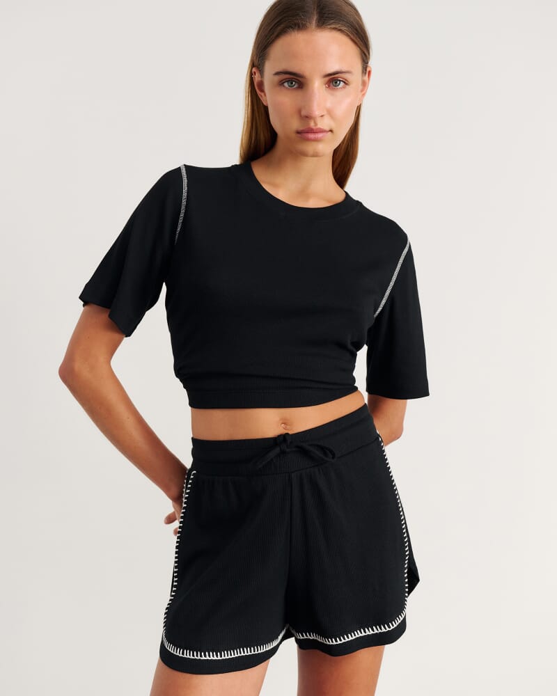 Celina Blanket Stitch Tee in BLACK