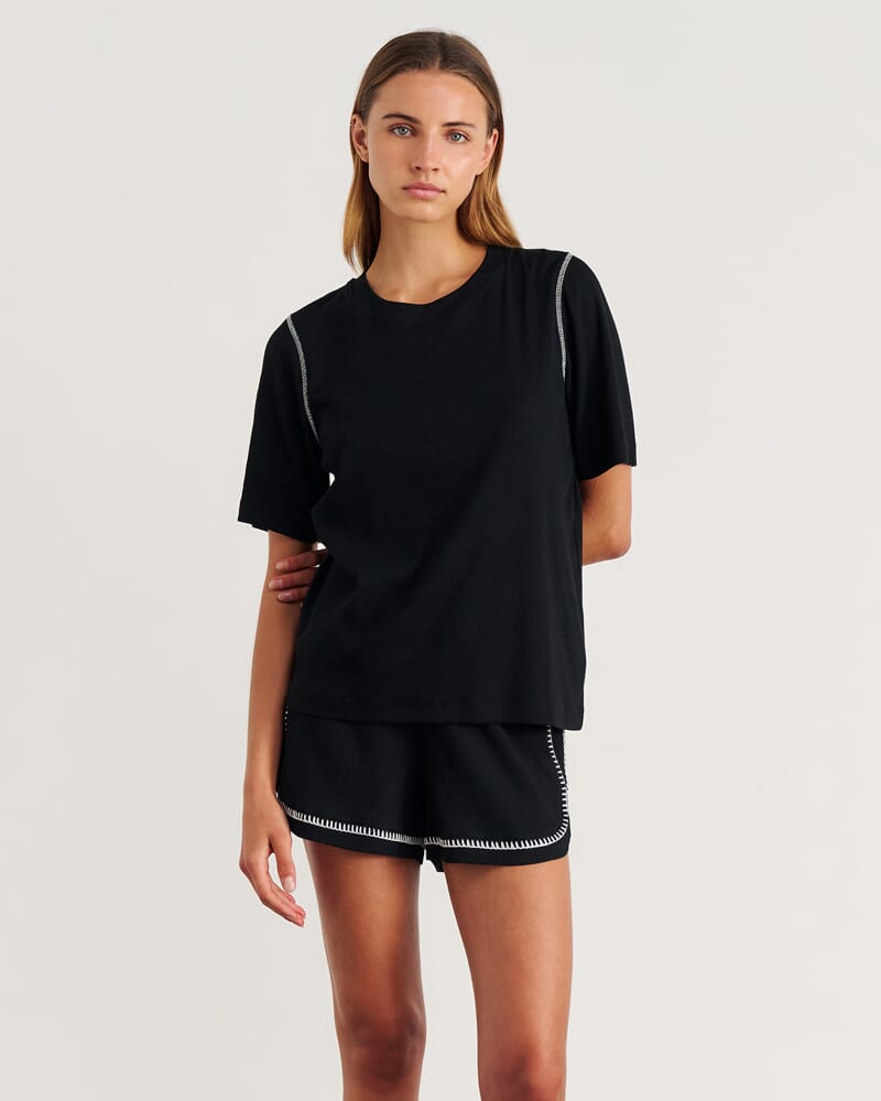 Celina Blanket Stitch Tee in BLACK