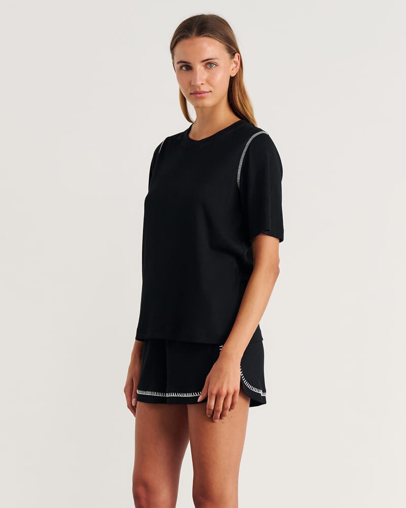 Celina Blanket Stitch Tee in BLACK