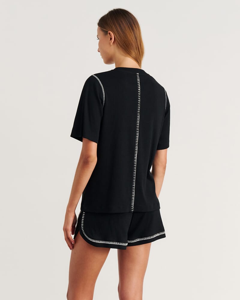 Celina Blanket Stitch Tee in BLACK