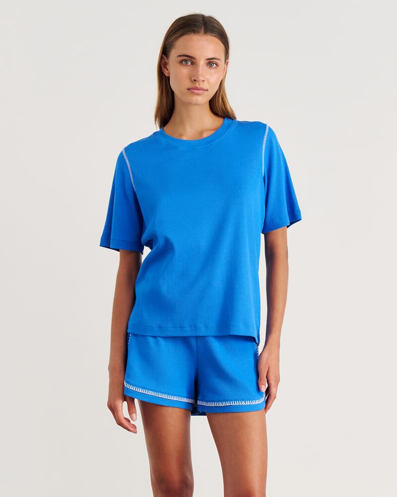 Celina Blanket Stitch Tee in BRIGHT BLUE