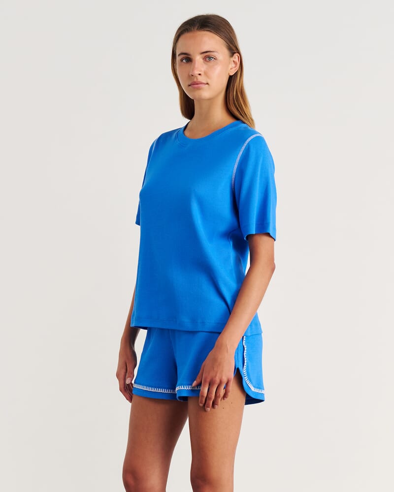 Celina Blanket Stitch Tee in BRIGHT BLUE