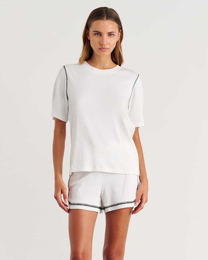 Celina Blanket Stitch Tee in WHITE
