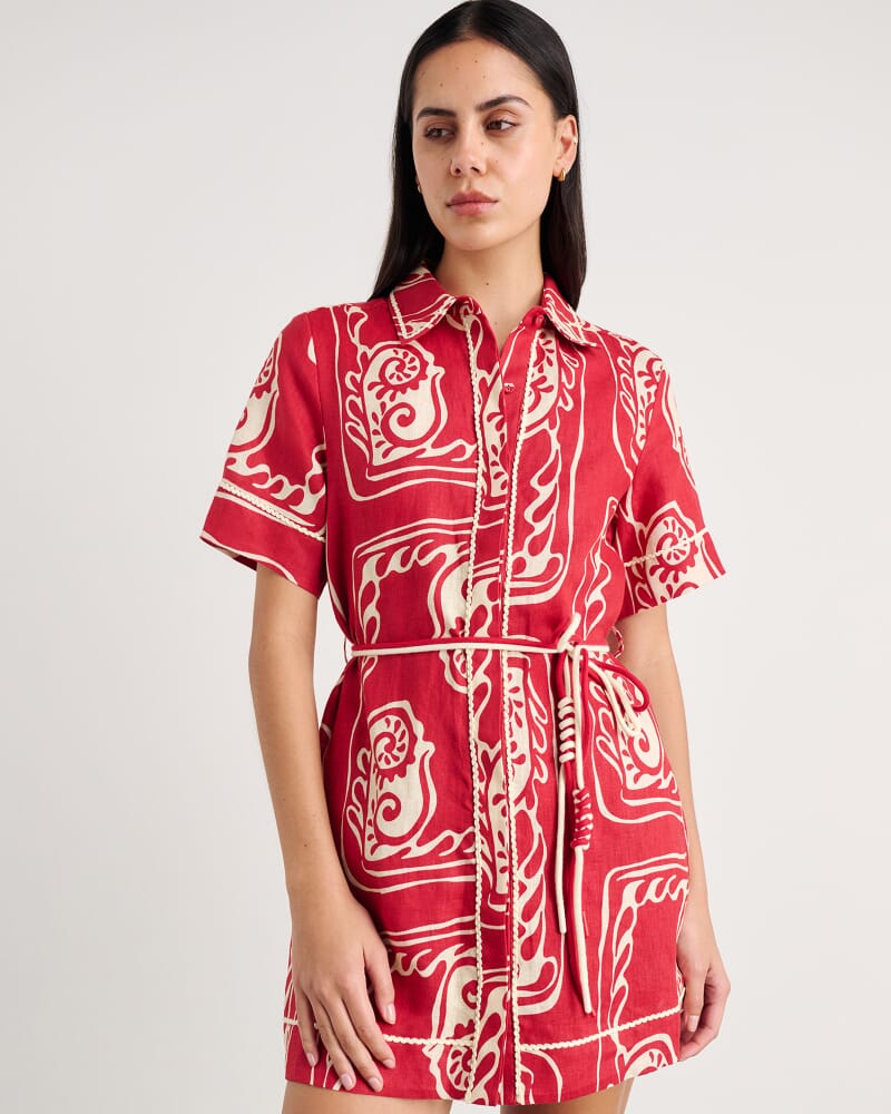Ceezee Linen Shirt Dress in RED MULTI