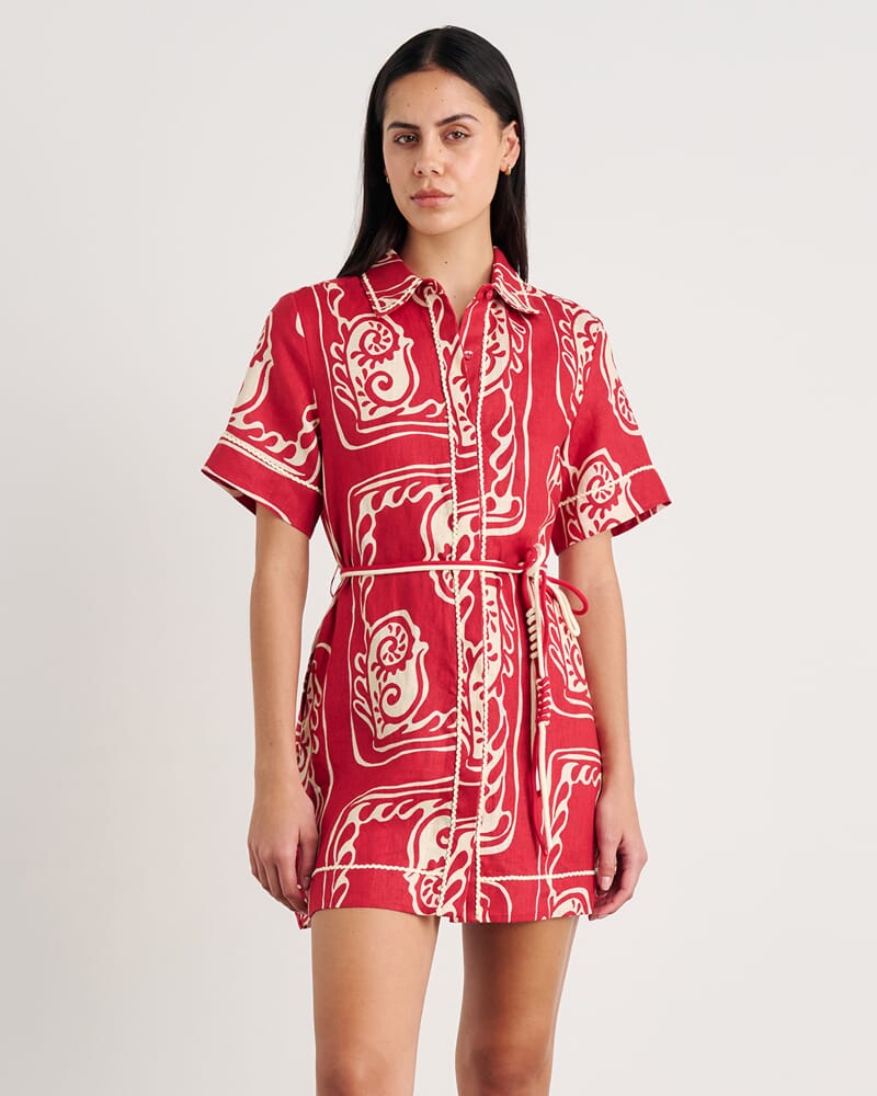 Ceezee Linen Shirt Dress in RED MULTI