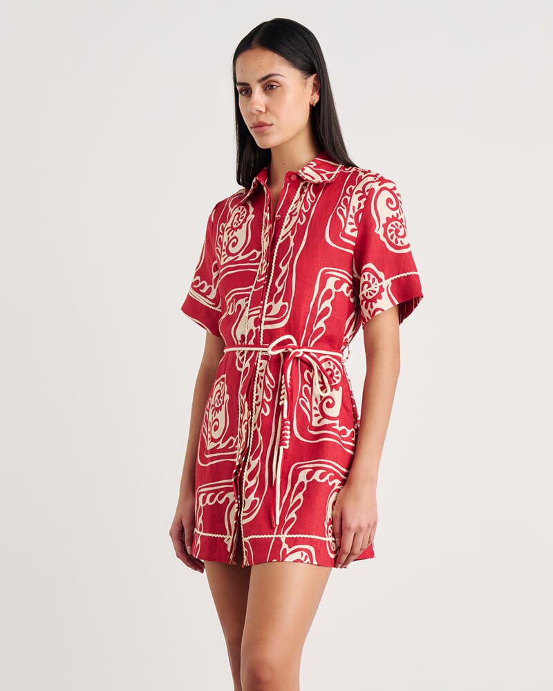 Ceezee Linen Shirt Dress in RED MULTI
