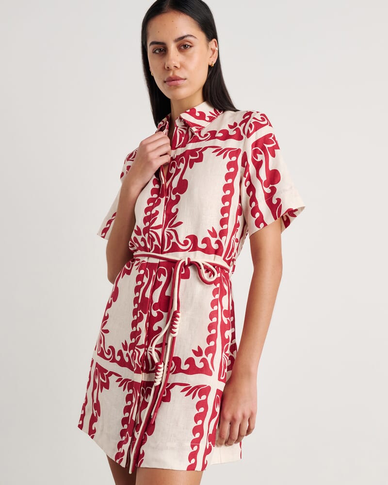Wave Linen Shirt Dress in RED MULTI