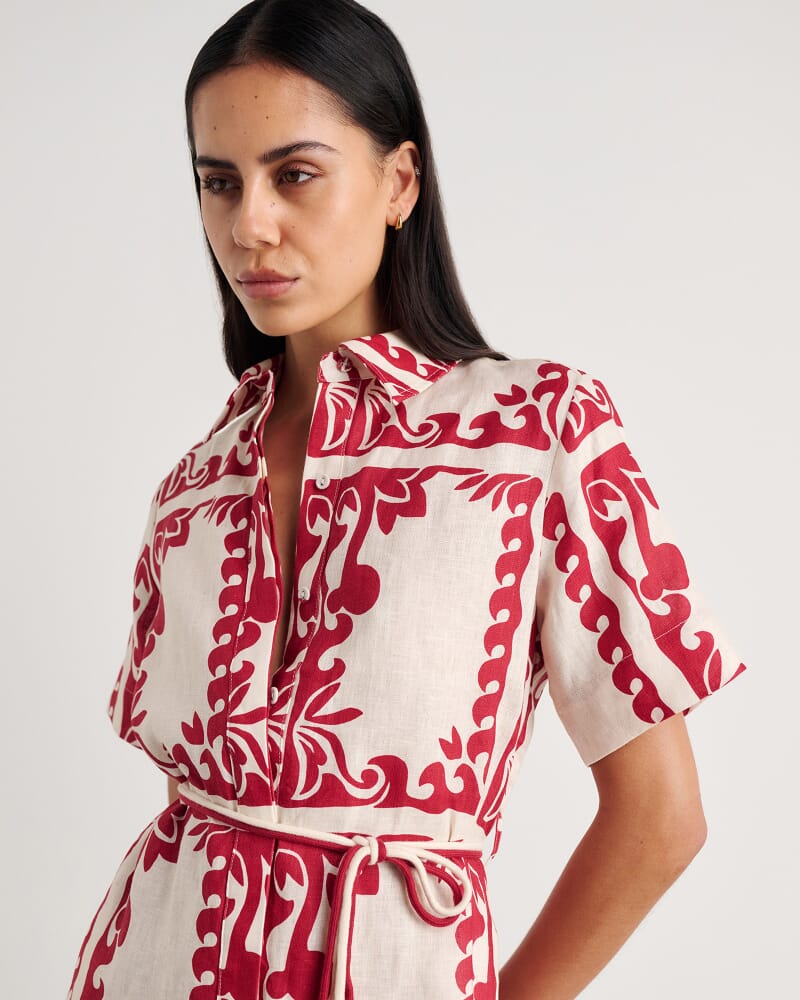 Wave Linen Shirt Dress in RED MULTI