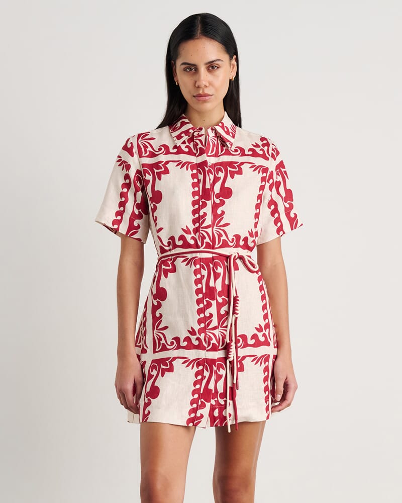 Wave Linen Shirt Dress in RED MULTI