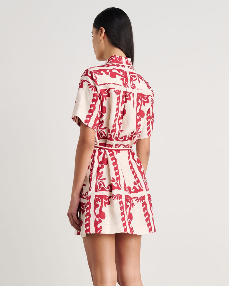 Wave Linen Shirt Dress in RED MULTI