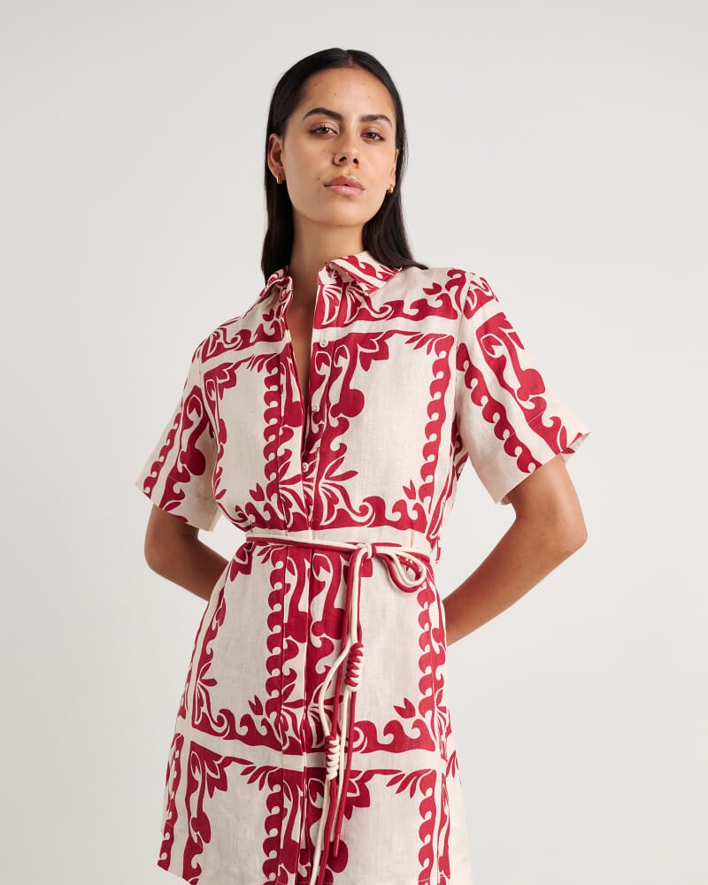 Wave Linen Shirt Dress in RED MULTI