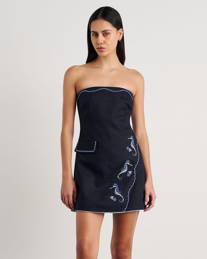 Seahorse Linen Bustier Dress in INK