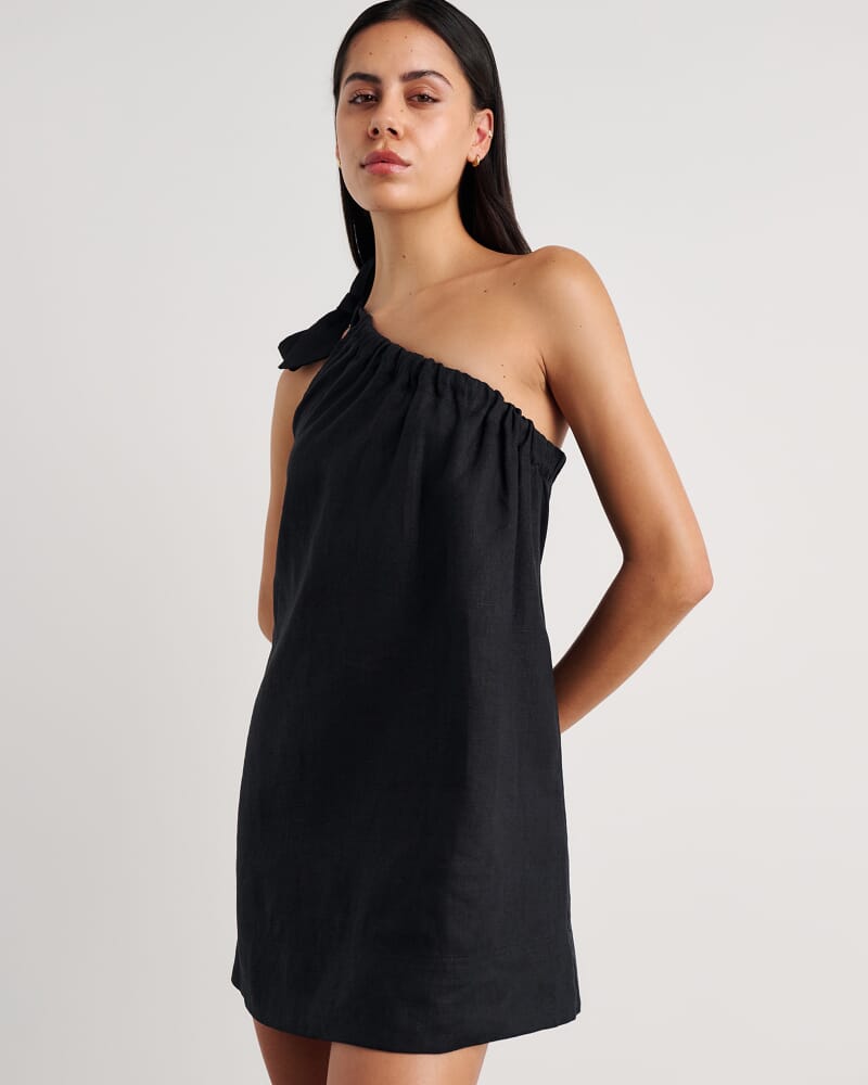 Ariel One Shoulder Linen Dress in BLACK