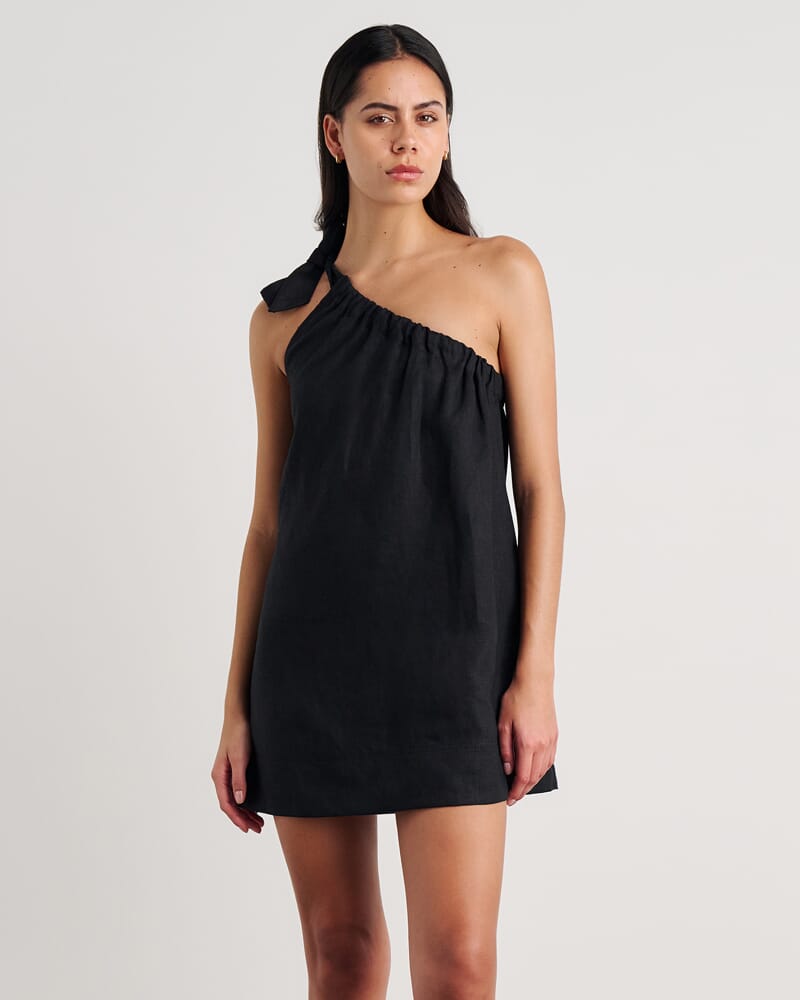 Ariel One Shoulder Linen Dress in BLACK