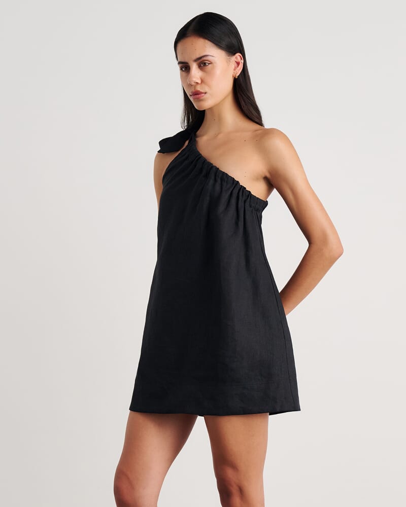 Ariel One Shoulder Linen Dress in BLACK