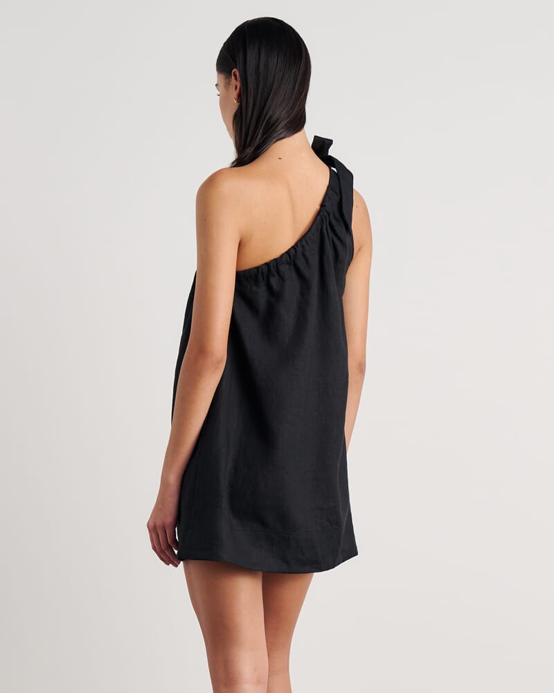 Ariel One Shoulder Linen Dress in BLACK