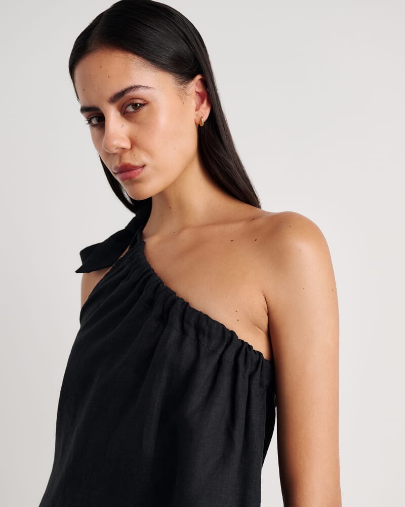Ariel One Shoulder Linen Dress in BLACK