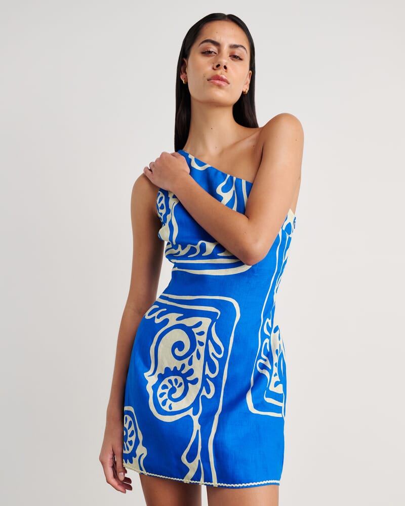 Ceezee Asymmetric Linen Mini Dress in BLUE MULTI