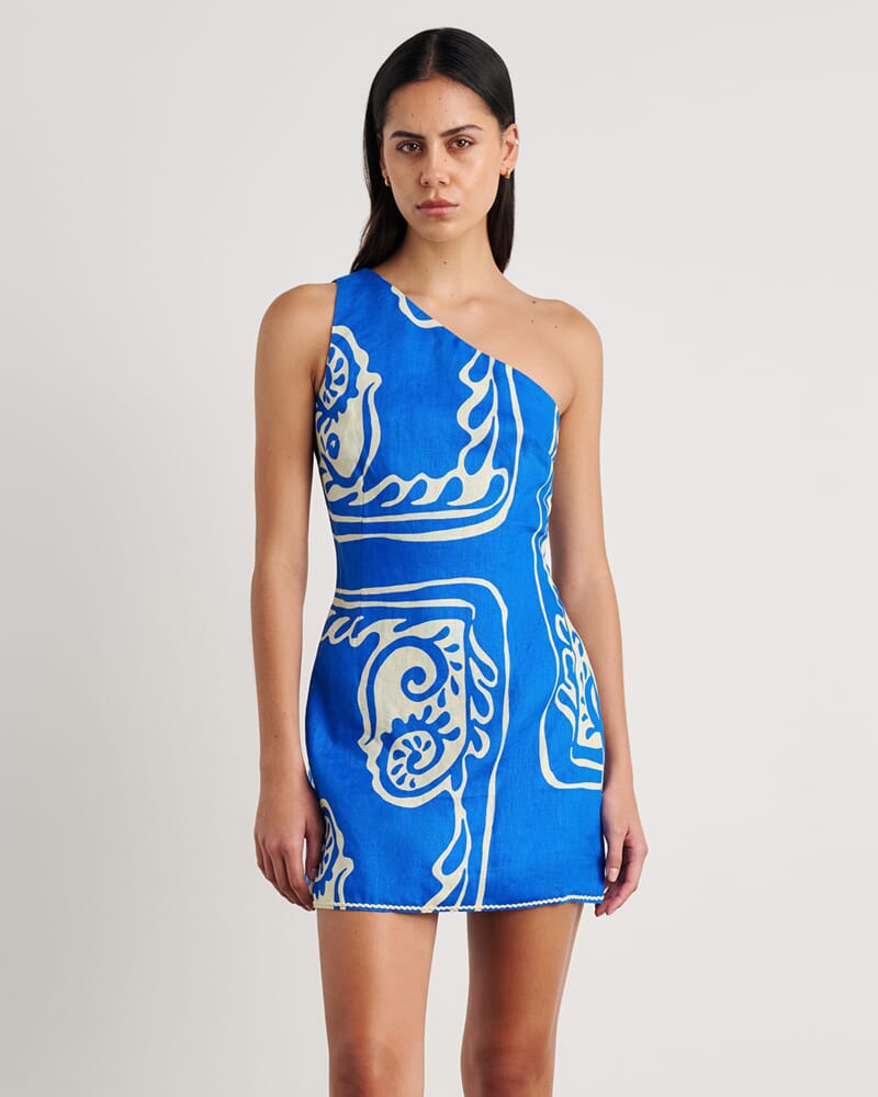 Ceezee Asymmetric Linen Mini Dress in BLUE MULTI