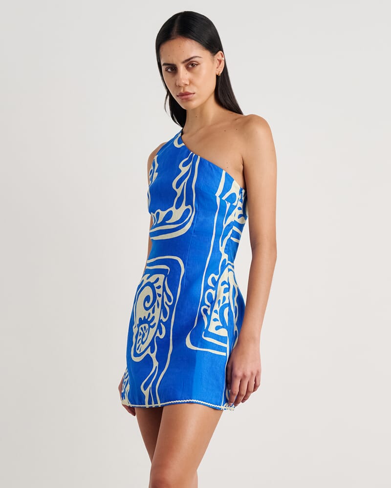 Ceezee Asymmetric Linen Mini Dress in BLUE MULTI