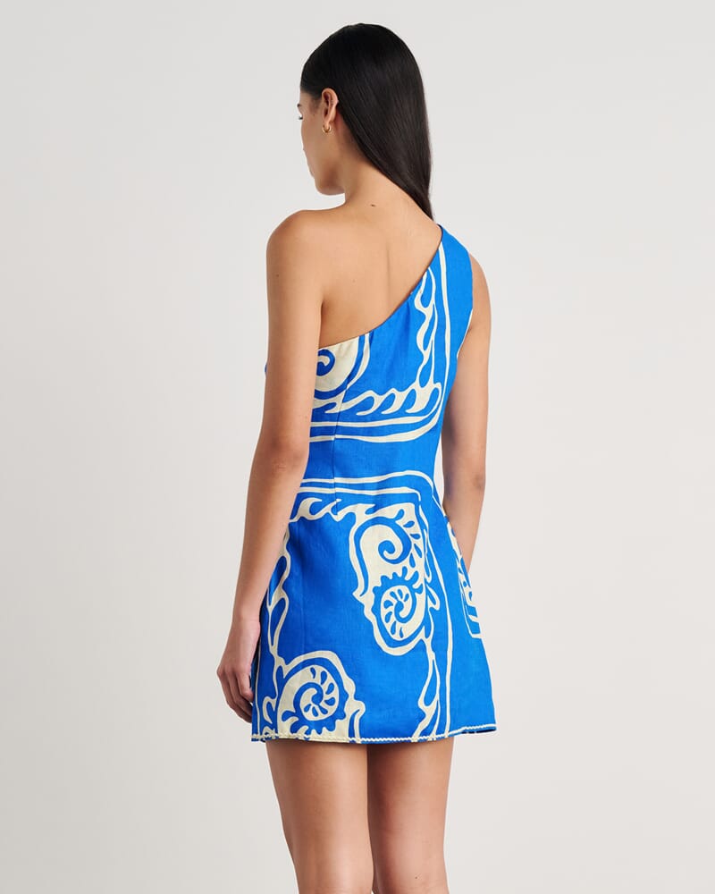 Ceezee Asymmetric Linen Mini Dress in BLUE MULTI