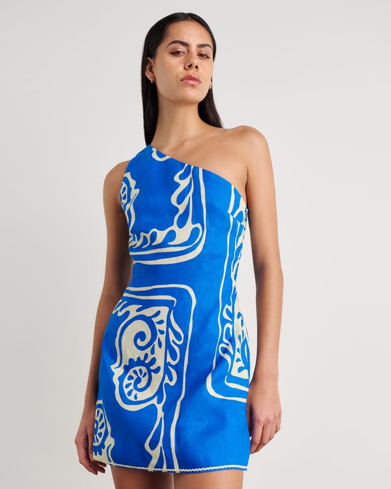 Ceezee Asymmetric Linen Mini Dress in BLUE MULTI
