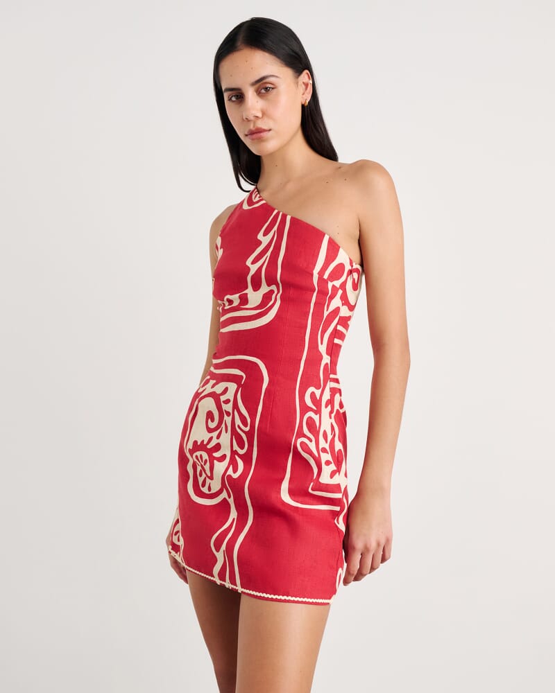Ceezee Asymmetric Linen Mini Dress in RED MULTI
