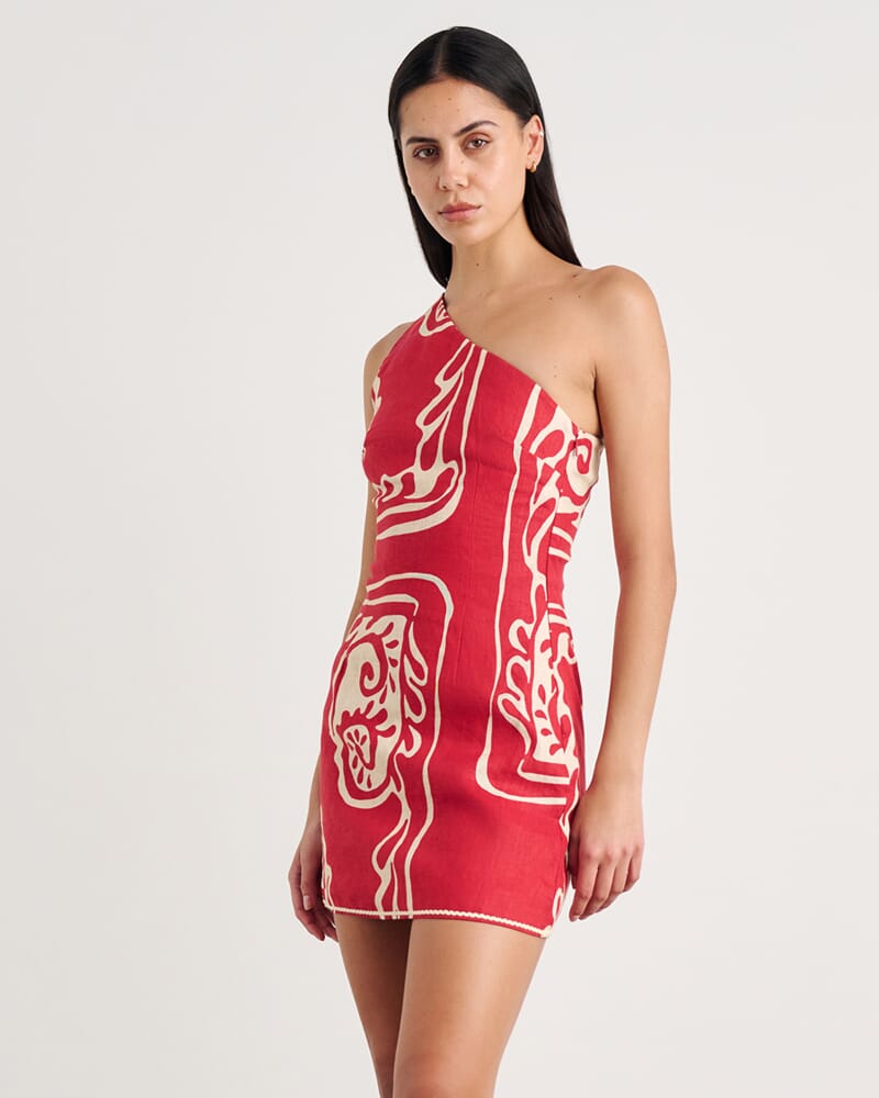 Ceezee Asymmetric Linen Mini Dress in RED MULTI