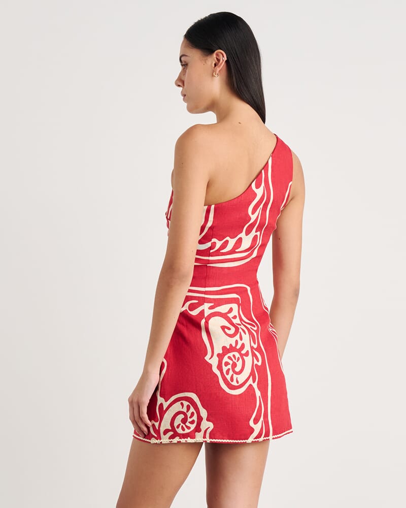 Ceezee Asymmetric Linen Mini Dress in RED MULTI