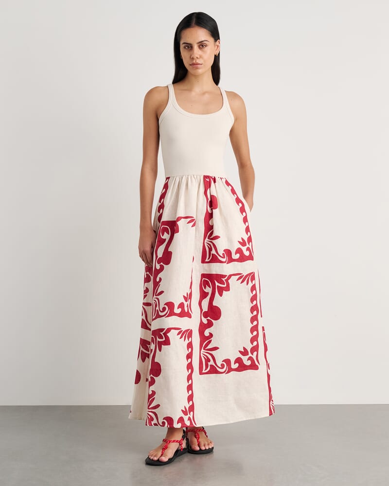 Wave Mixed Media Dress in RED MULTI