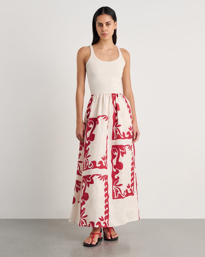 Wave Mixed Media Dress in RED MULTI