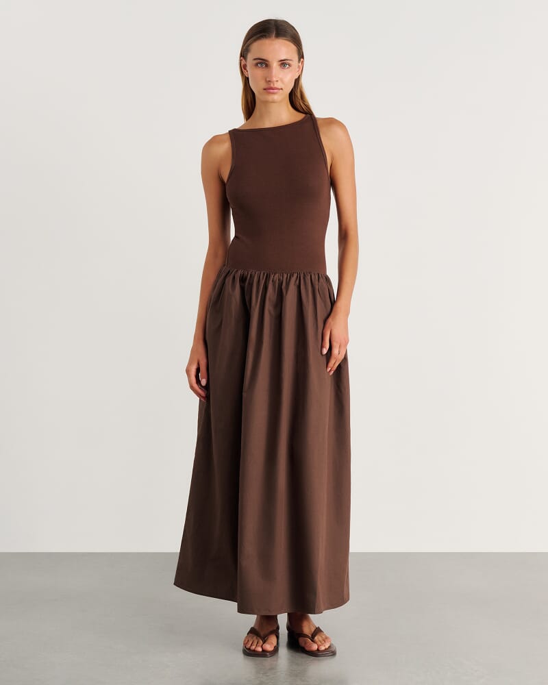 Emma Mixed Media Dress in DARK CHOCOLATE