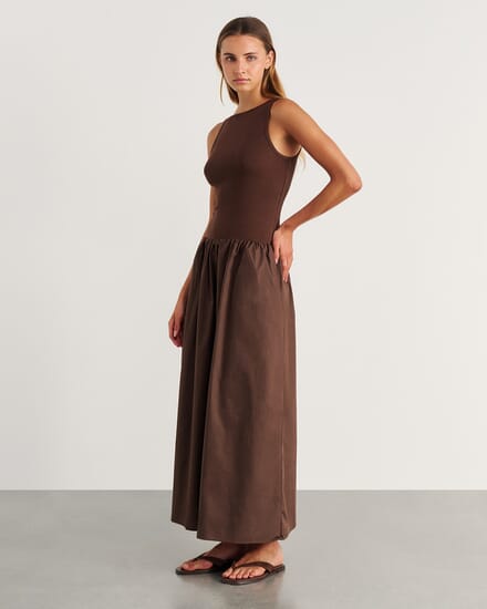 Emma Mixed Media Dress in DARK CHOCOLATE