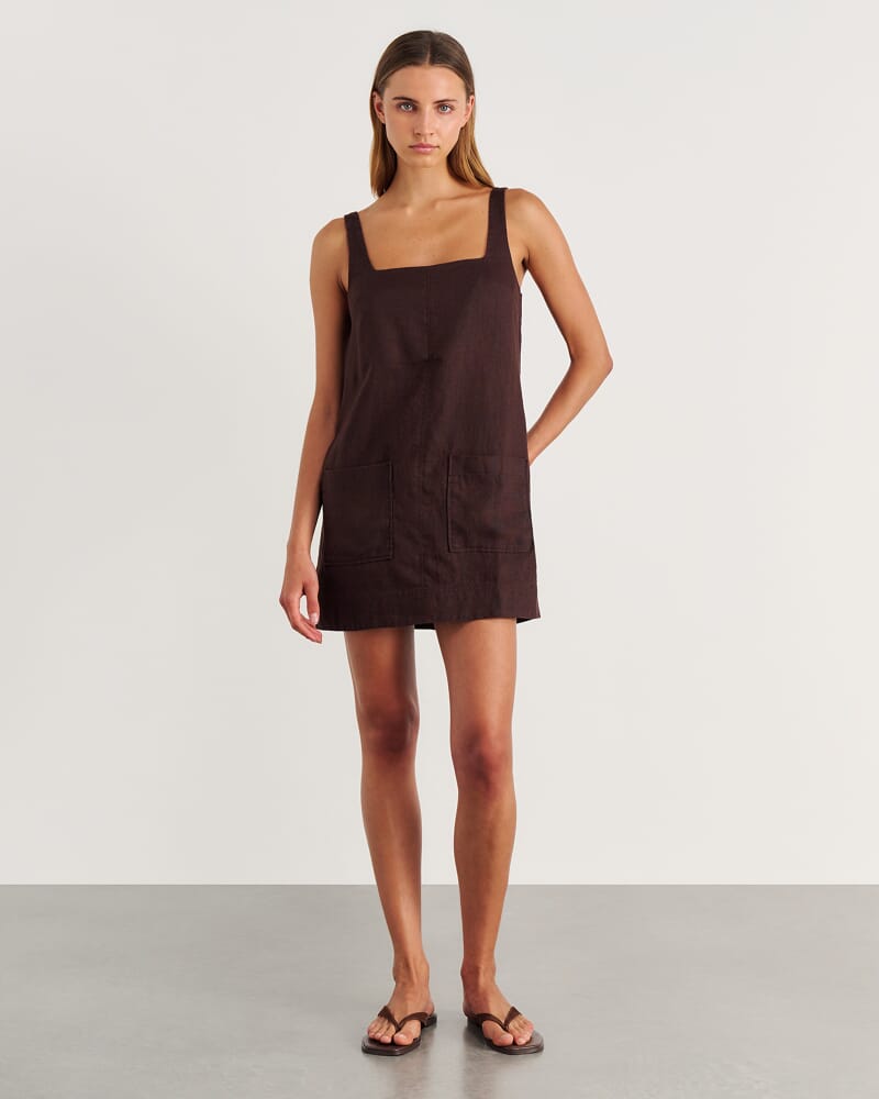 Kayla Linen Mini Dress in DARK CHOCOLATE
