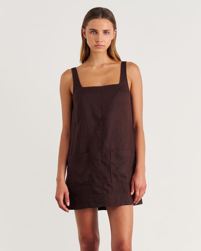 Kayla Linen Mini Dress in DARK CHOCOLATE