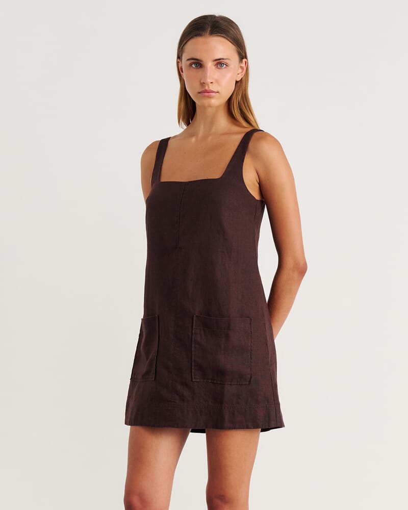 Kayla Linen Mini Dress in DARK CHOCOLATE
