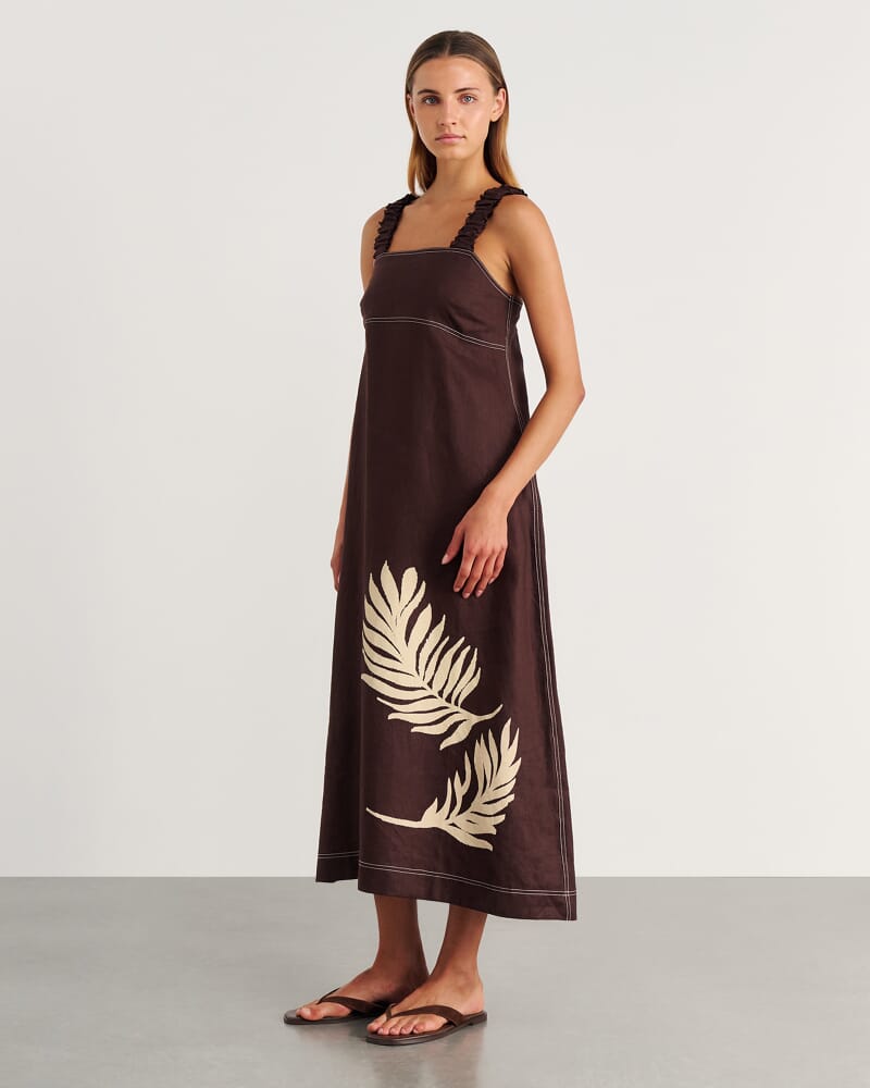 Roam Linen Maxi Dress in BROWN MULTI