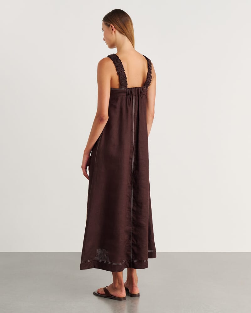 Roam Linen Maxi Dress in BROWN MULTI