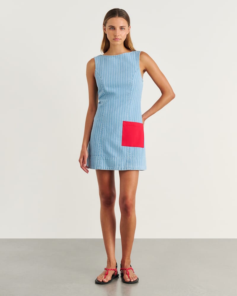 Nfw Stripe Denim Shift Dress in PALE BLUE/WHITE