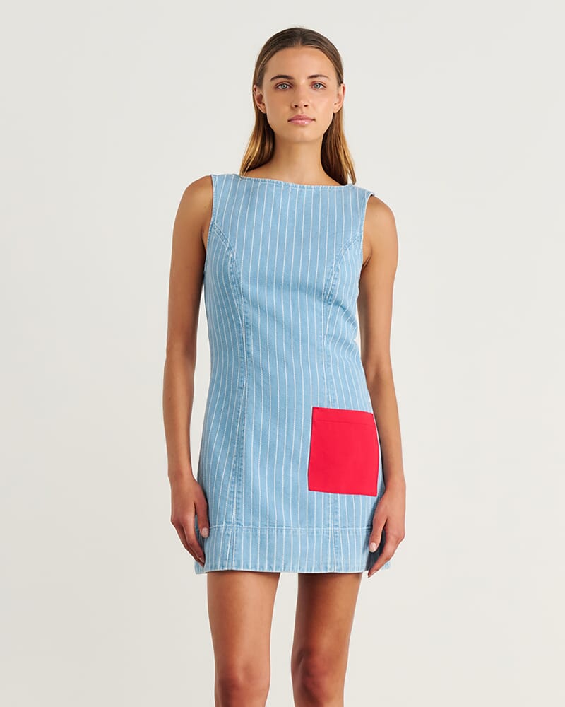 Nfw Stripe Denim Shift Dress in PALE BLUE/WHITE