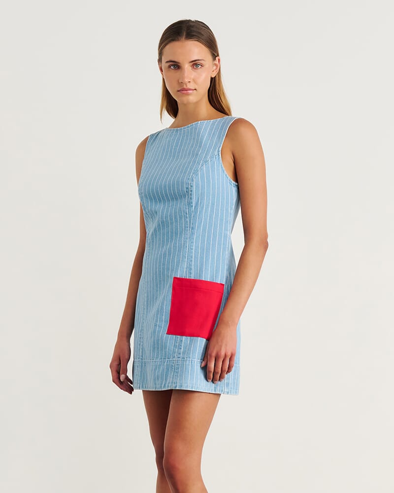 Nfw Stripe Denim Shift Dress in PALE BLUE/WHITE