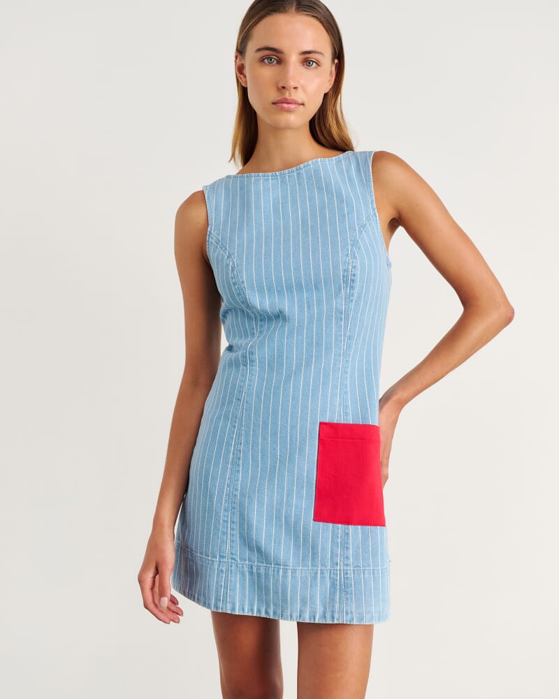 Nfw Stripe Denim Shift Dress in PALE BLUE/WHITE