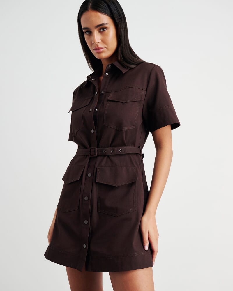 Canvas Utility Shirt Dress in DARK CHOCOLATE
