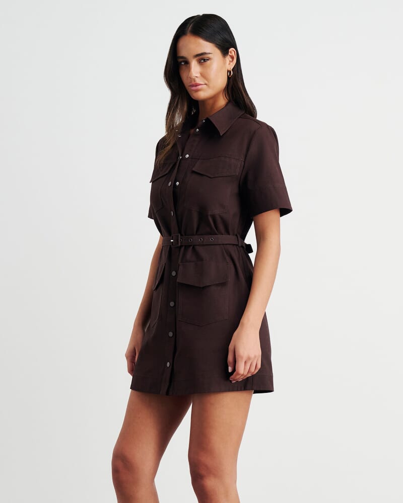 Canvas Utility Shirt Dress in DARK CHOCOLATE