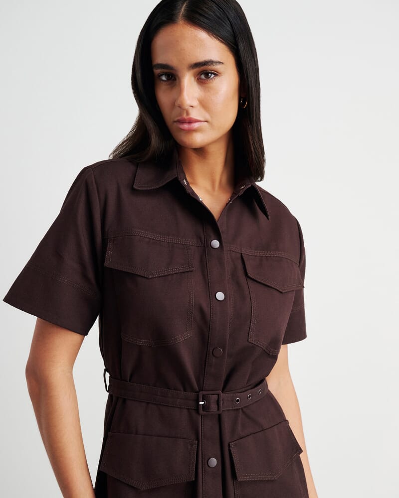 Canvas Utility Shirt Dress in DARK CHOCOLATE
