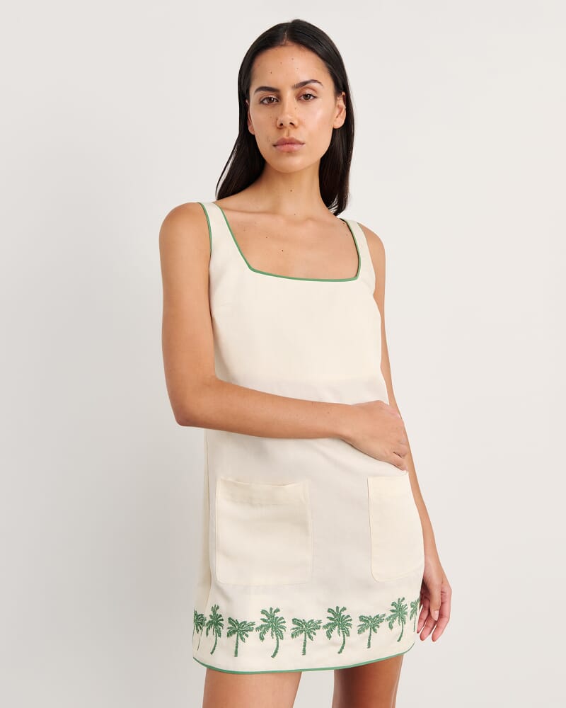 Palm Embroidered Mini Dress in IVORY/MOSS