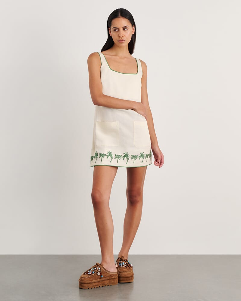 Palm Embroidered Mini Dress in IVORY/MOSS