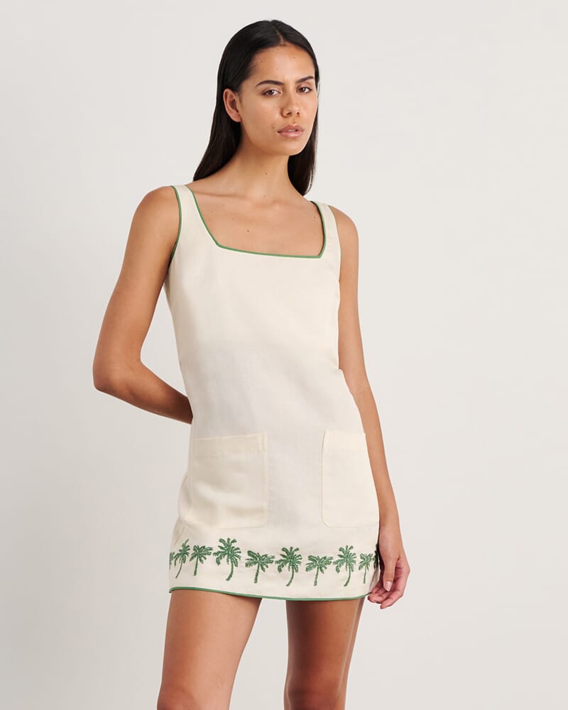 Palm Embroidered Mini Dress in IVORY/MOSS