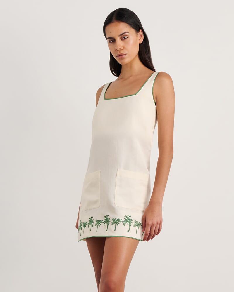 Palm Embroidered Mini Dress in IVORY/MOSS