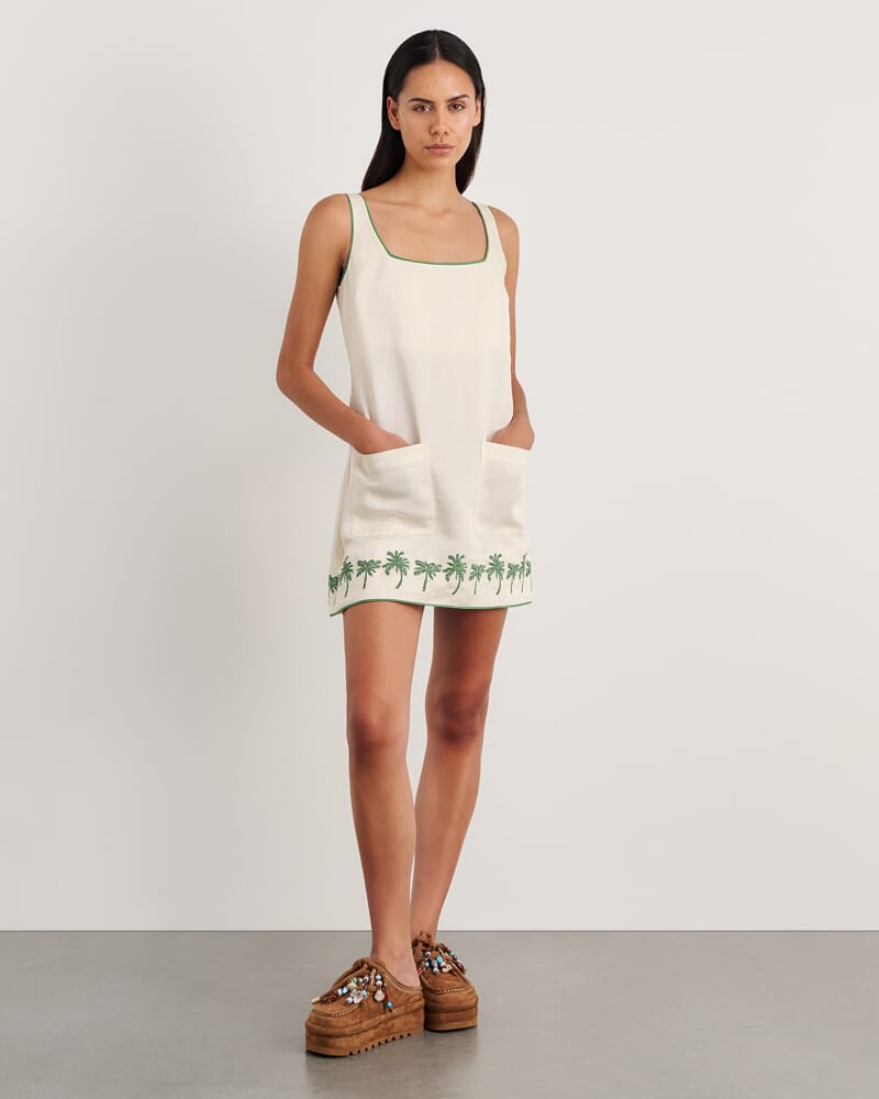 Palm Embroidered Mini Dress in IVORY/MOSS